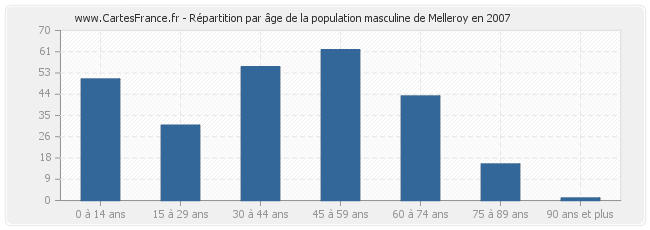 Répartition par âge de la population masculine de Melleroy en 2007