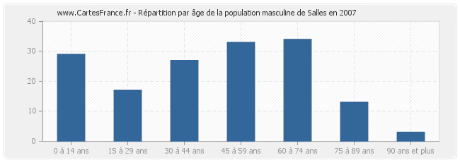 Répartition par âge de la population masculine de Salles en 2007