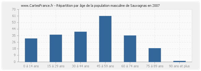 Répartition par âge de la population masculine de Sauvagnas en 2007