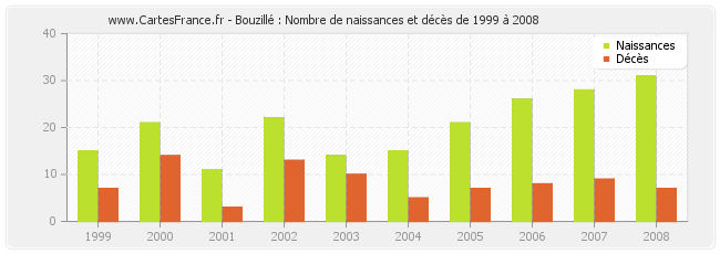 Bouzillé : Nombre de naissances et décès de 1999 à 2008