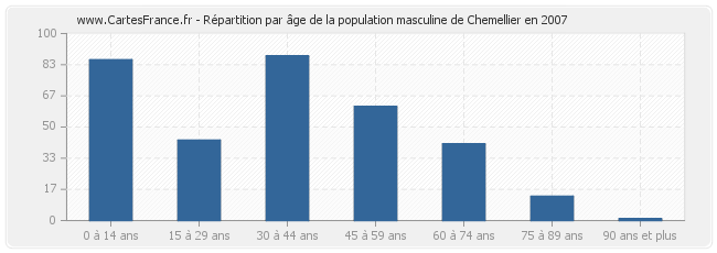 Répartition par âge de la population masculine de Chemellier en 2007