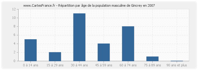 Répartition par âge de la population masculine de Gincrey en 2007