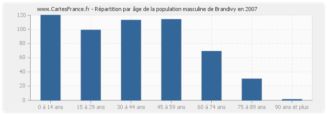 Répartition par âge de la population masculine de Brandivy en 2007