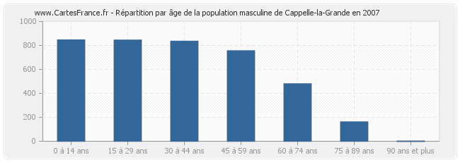 Répartition par âge de la population masculine de Cappelle-la-Grande en 2007