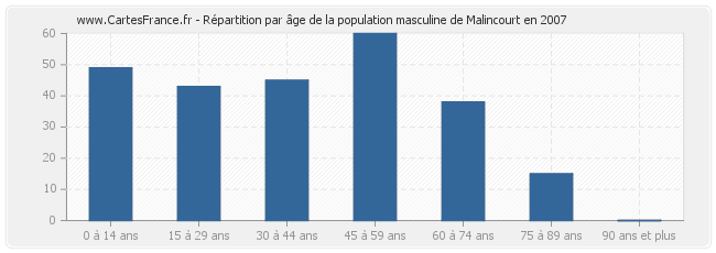 Répartition par âge de la population masculine de Malincourt en 2007