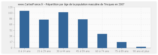 Répartition par âge de la population masculine de Tincques en 2007