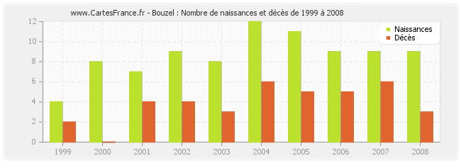 Bouzel : Nombre de naissances et décès de 1999 à 2008