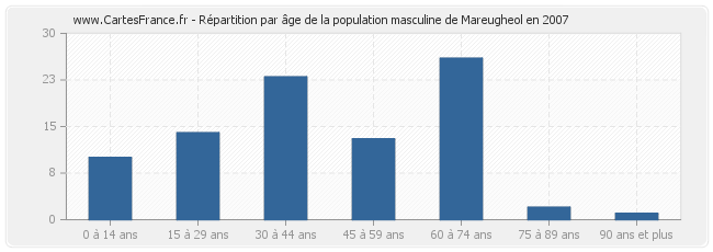 Répartition par âge de la population masculine de Mareugheol en 2007