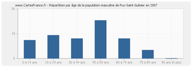 Répartition par âge de la population masculine de Puy-Saint-Gulmier en 2007