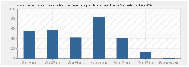 Répartition par âge de la population masculine de Soppe-le-Haut en 2007