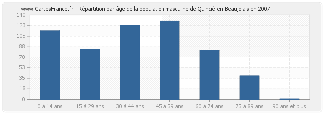 Répartition par âge de la population masculine de Quincié-en-Beaujolais en 2007