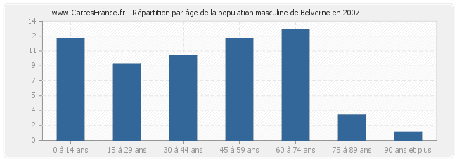 Répartition par âge de la population masculine de Belverne en 2007