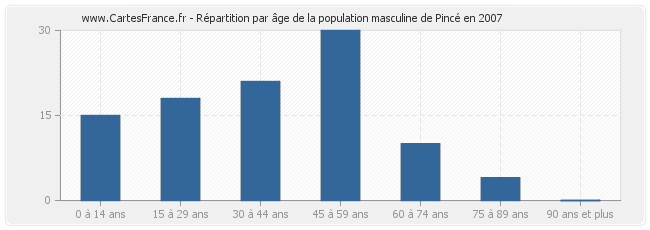 Répartition par âge de la population masculine de Pincé en 2007