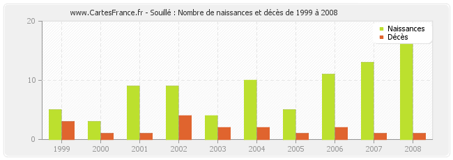Souillé : Nombre de naissances et décès de 1999 à 2008
