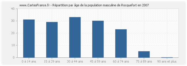 Répartition par âge de la population masculine de Rocquefort en 2007
