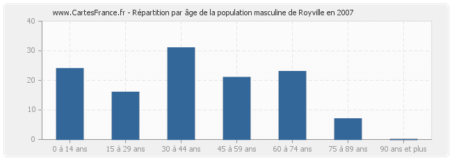 Répartition par âge de la population masculine de Royville en 2007