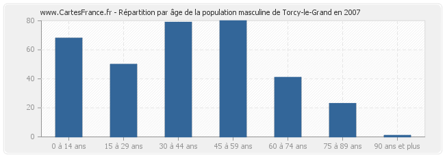 Répartition par âge de la population masculine de Torcy-le-Grand en 2007