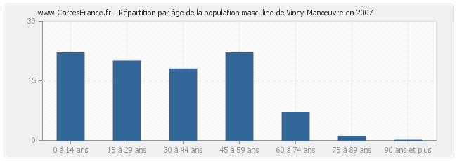 Répartition par âge de la population masculine de Vincy-Manœuvre en 2007