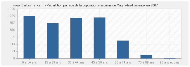 Répartition par âge de la population masculine de Magny-les-Hameaux en 2007