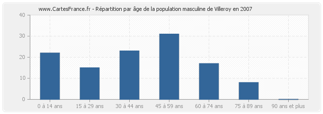 Répartition par âge de la population masculine de Villeroy en 2007