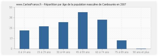 Répartition par âge de la population masculine de Cambounès en 2007