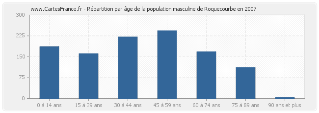 Répartition par âge de la population masculine de Roquecourbe en 2007