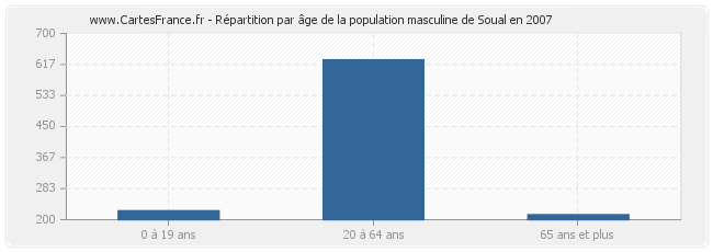 Répartition par âge de la population masculine de Soual en 2007