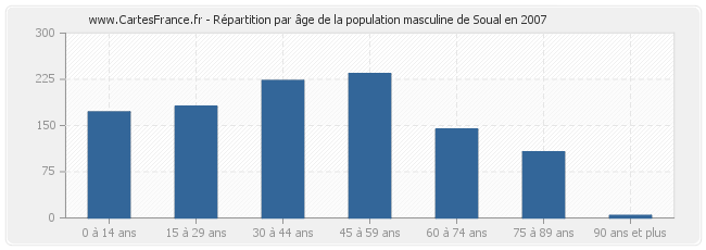 Répartition par âge de la population masculine de Soual en 2007