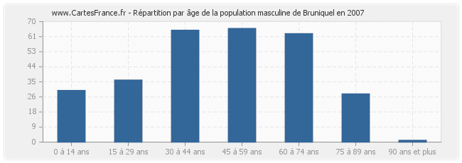 Répartition par âge de la population masculine de Bruniquel en 2007