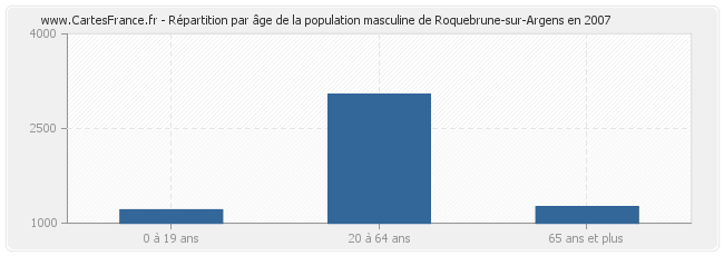 Répartition par âge de la population masculine de Roquebrune-sur-Argens en 2007