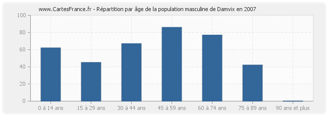Répartition par âge de la population masculine de Damvix en 2007