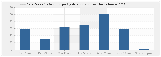 Répartition par âge de la population masculine de Grues en 2007