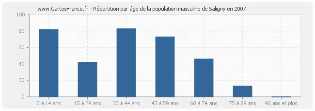 Répartition par âge de la population masculine de Saligny en 2007